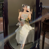 Vintage Floral Print Strap Dress Women Designer Elegant Sweet Lace-up Chiffon Fairy Midi Dress Holiday Beach Summer Dress